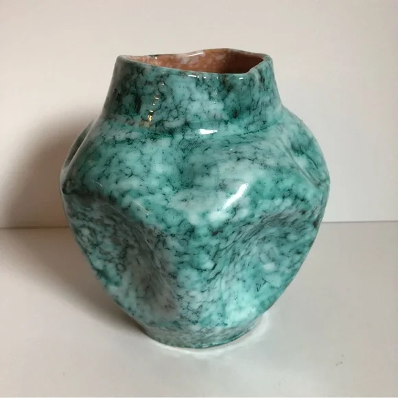 Vintage MCM Made in Italy pottery vase marbled aqua pinched organic midcentury - Picture 3 of 12